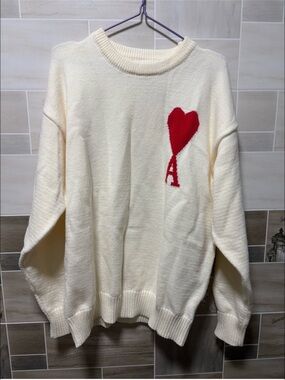Ami Cream Crewneck Sweater with Red Heart and A Motif